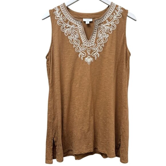 J. JILL  Embroidered Tee Size Medium Sleeveless Cotton Modal Boho Womens Top Tan - Picture 1 of 9